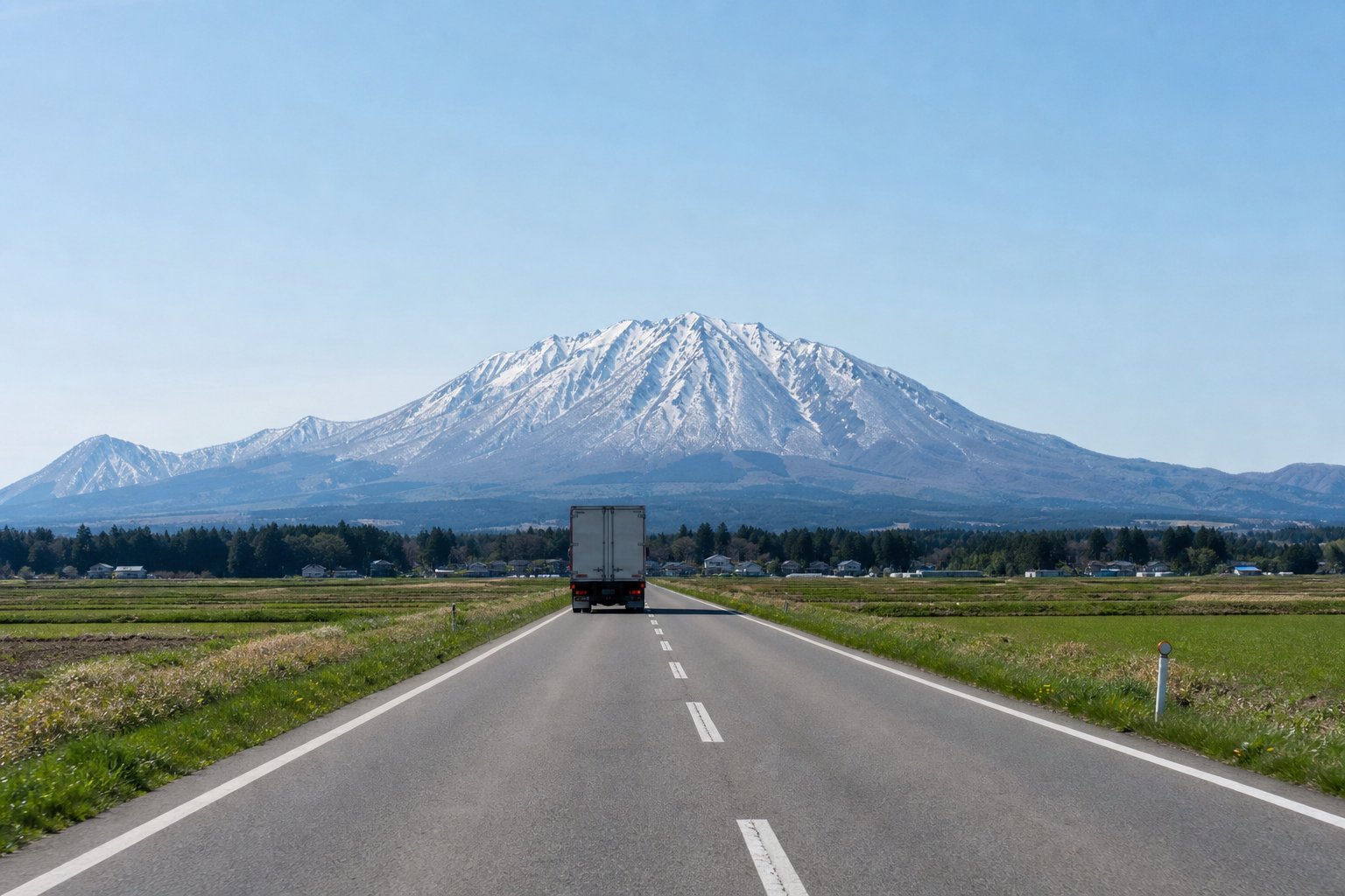 大山へ向かう道を走るトラックのイメージ